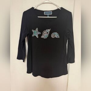Karen Scott Black Long Sleeve Top with Nautical Embellishments 100% Cotton